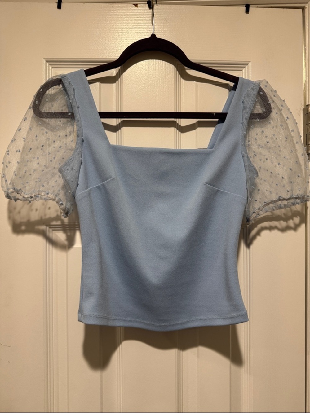 BCBGeneration Light Blue Square-Neck Puff Sleeve Crop Top